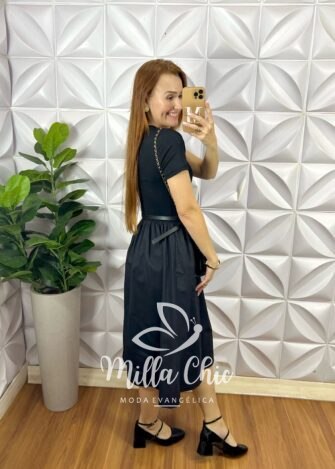 Vestido Marjorie Tricoline Com Canelado - Preto - Milla Chic