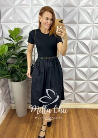 Vestido Marjorie Tricoline Com Canelado - Preto - Milla Chic