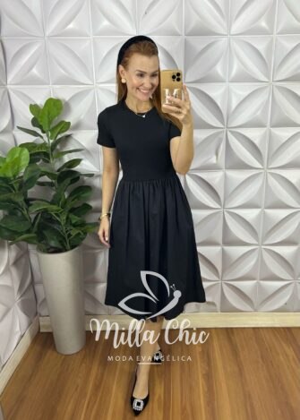 Vestido Marjorie Tricoline Com Canelado - Preto - Milla Chic