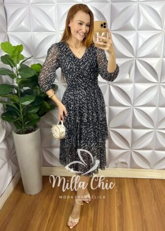 Vestido Suíça Em Tule Póa - Preto - Milla Chic