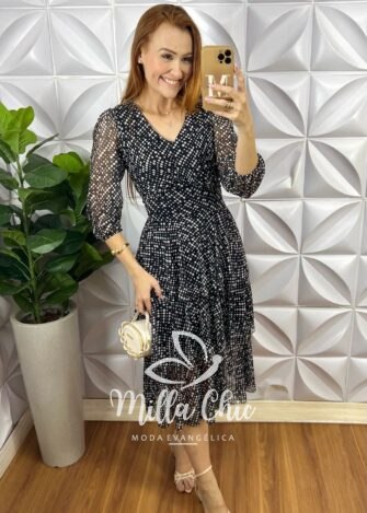 Vestido Suíça Em Tule Póa - Preto - Milla Chic