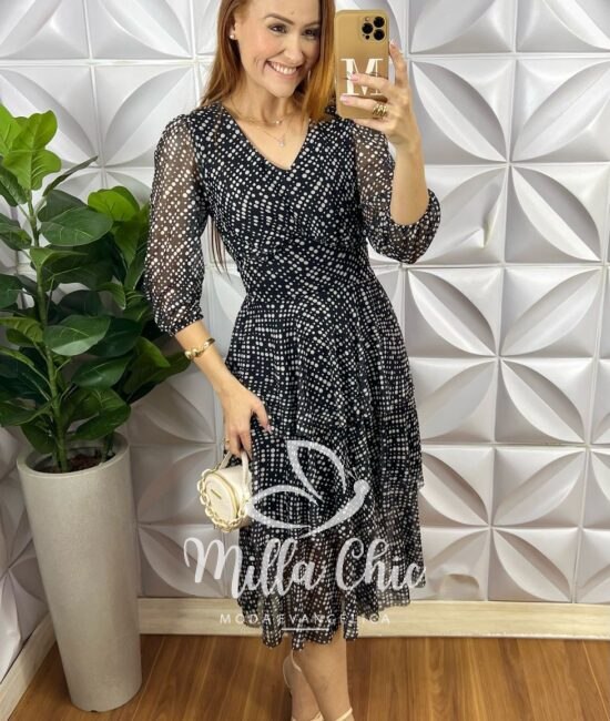 Vestido Suíça Em Tule Póa - Preto - Milla Chic