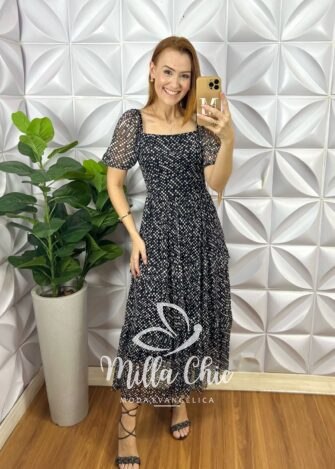 Vestido Suíça Em Tule Póa - Preto - Milla Chic