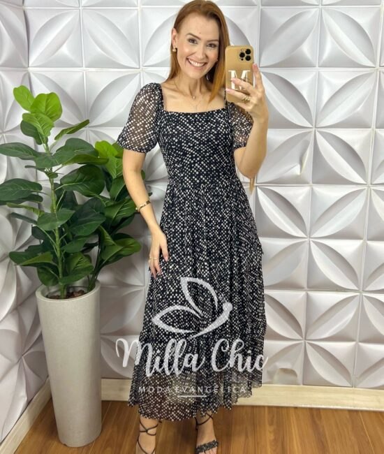 Vestido Suíça Em Tule Póa - Preto - Milla Chic