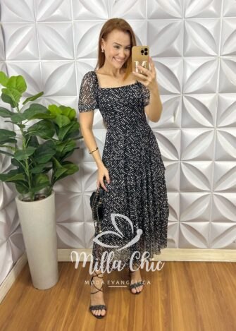 Vestido Suíça Em Tule Póa - Preto - Milla Chic