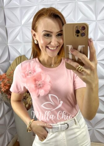 Blusa Jaque Malha De Algodão Com Aplicação - Rosa - Milla Chic