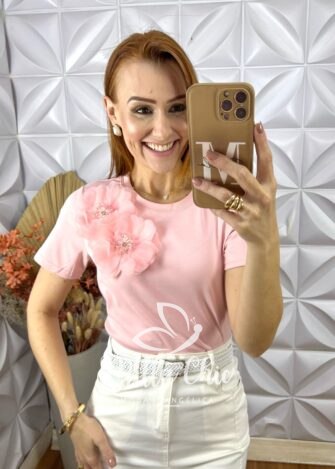 Blusa Jaque Malha De Algodão Com Aplicação - Rosa - Milla Chic