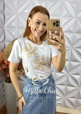 Blusa Jordânia Com Aplicação Em Crochê - Branco - Milla Chic