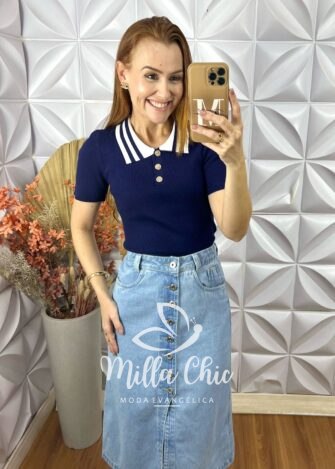 Milla Chic - millachic com br blusa tricot lauren botoes dourados azul marinho 2 Blusa Tricot Lauren Botões Dourados - Azul Marinho - Milla Chic