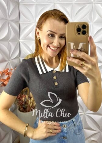 Blusa Tricot Lauren Botões Dourados - Cinza - Milla Chic