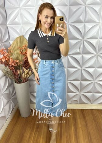 Blusa Tricot Lauren Botões Dourados - Cinza - Milla Chic