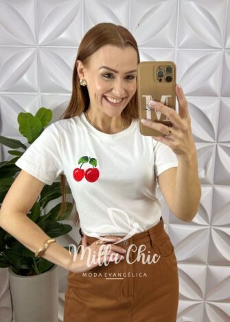 Blusa T-Shirt Algodão Cherry - Branca - Milla Chic