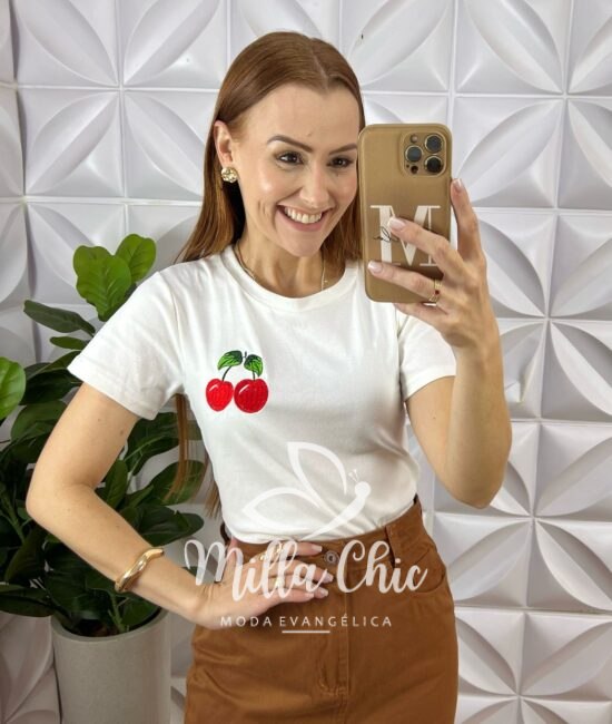 Blusa T-Shirt Algodão Cherry - Branca - Milla Chic