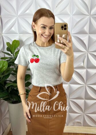 Blusa T-Shirt Algodão Cherry - Cinza - Milla Chic