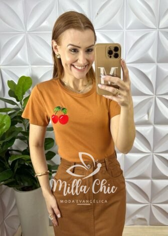 Milla Chic - millachic com br blusa tshirt algodao cherry marrom Blusa T-Shirt Algodão Cherry - Marrom - Milla Chic