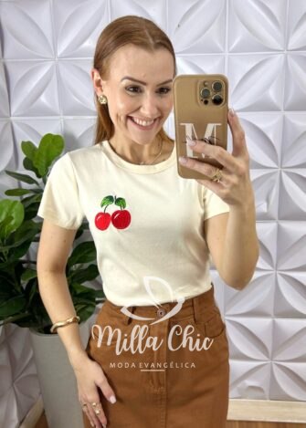 Milla Chic - millachic com br blusa tshirt algodao cherry preta copia 2 Blusa T-Shirt Algodão Cherry - Areia - Milla Chic