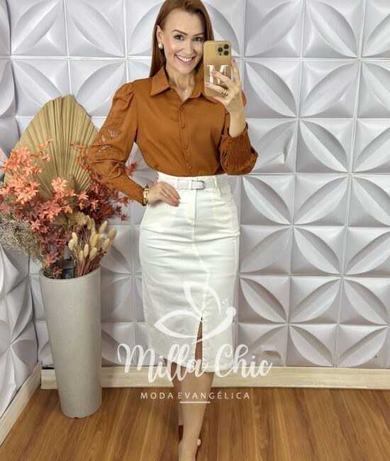 Camisa Doris Bordada - Marrom - Milla Chic