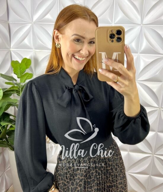 Camisa Elisa Gola Laço - Preta - Milla Chic