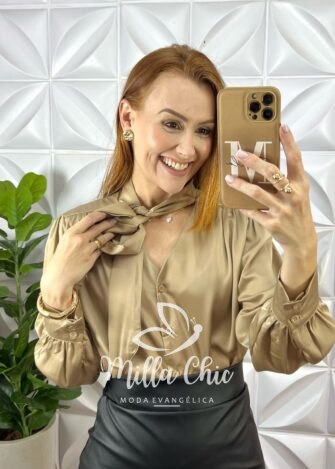 Camisa Em Cetim Glória - Marrom - Milla Chic