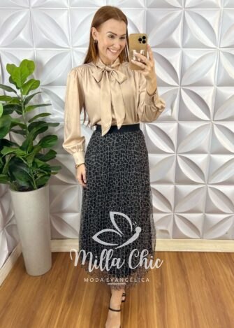 Camisa Em Cetim Glória - Nude - Milla Chic