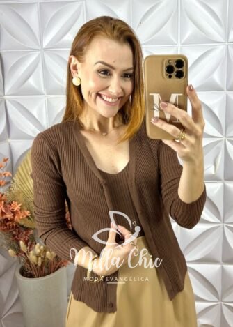 Milla Chic - millachic com br cardigan com blusa tricot modal clotilde 2 Cardigan Com Blusa Tricot Modal Clotilde - Marrom - Milla Chic