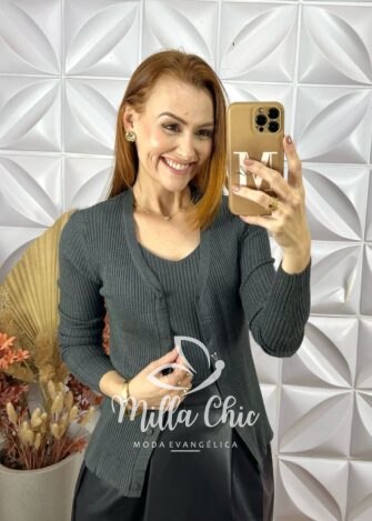 Milla Chic - millachic com br cardigan com blusa tricot modal clotilde cinza 2 Cardigan Com Blusa Tricot Modal Clotilde - Cinza - Milla Chic