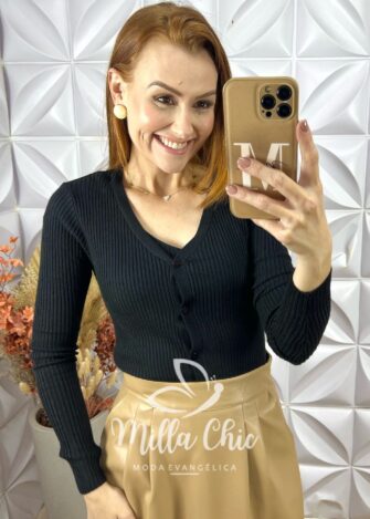 Cardigan Com Blusa Tricot Modal Clotilde - Preto - Milla Chic