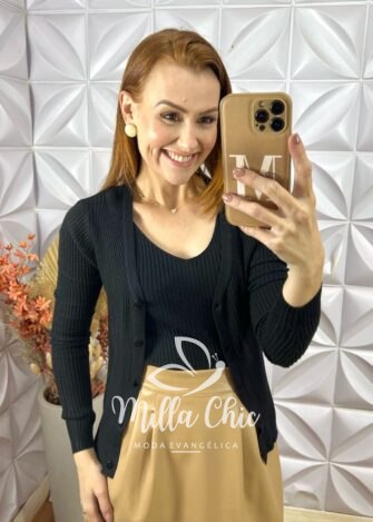 Cardigan Com Blusa Tricot Modal Clotilde - Preto - Milla Chic