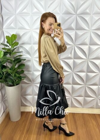 Saia Em Couro Eco Miranda Três Marias - Preta - Milla Chic