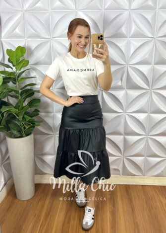 Saia Em Couro Eco Miranda Três Marias - Preta - Milla Chic