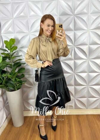 Saia Em Couro Eco Miranda Três Marias - Preta - Milla Chic