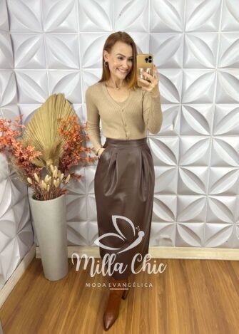 Saia Laurinda Em P. U - Marrom - Milla Chic