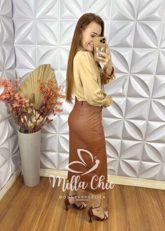 Milla Chic - millachic com br saia lolanda em p u marrom 2 Saia Iolanda Em P.U - Marrom - Milla Chic