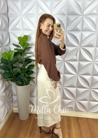 Saia Versales Em Linho - Areia - Milla Chic