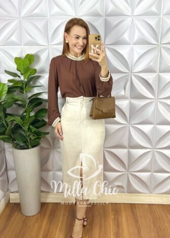 Saia Versales Em Linho - Areia - Milla Chic
