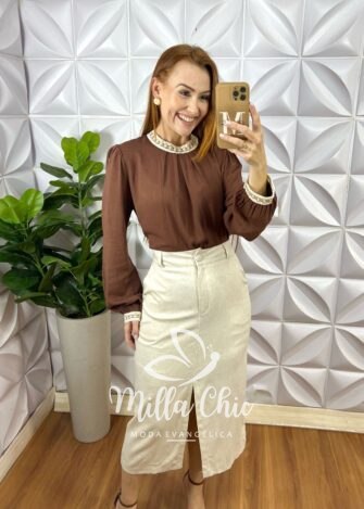 Saia Versales Em Linho - Areia - Milla Chic