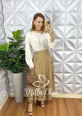 Saia Malu Em Alfaiataria Marrant - Bege - Milla Chic
