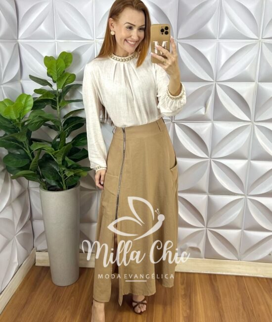 Saia Malu Em Alfaiataria Marrant - Bege - Milla Chic