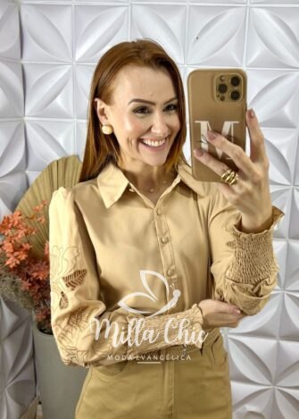 Saia Nicole Em Sarja- Bege - Milla Chic