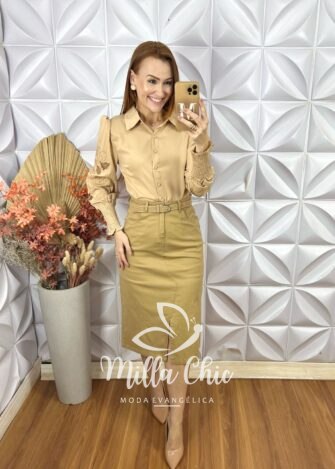 Saia Nicole Em Sarja- Bege - Milla Chic