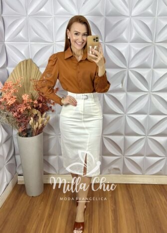 Saia Nicole Em Sarja- Branco - Milla Chic