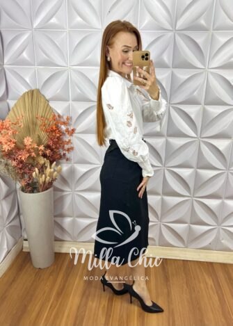 Saia Nicole Em Sarja- Preto - Milla Chic