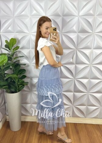 Saia Tule Babado Irene  - Azul - Milla Chic