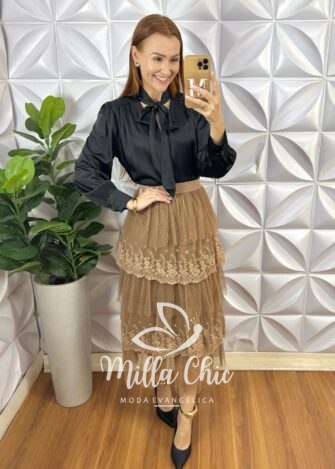 Saia Tule Babado Irene  - Marrom - Milla Chic