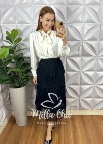 Saia Tule Babado Irene  - Preta - Milla Chic