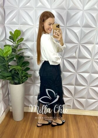 Saia Tule Babado Irene  - Preta - Milla Chic