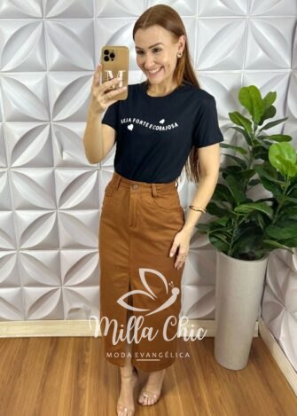 T-Shirt Malha De Algodão Seja Forte E Corajosa - Preto - Milla Chic
