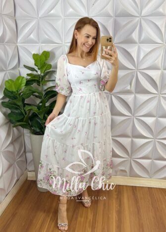 Vestido Antonella Em Chiffon - Branco Estampado - Milla Chic