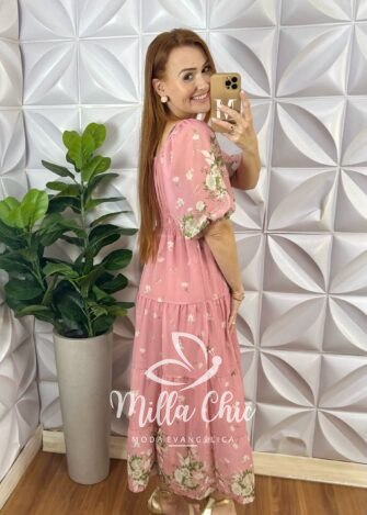 Milla Chic - millachic com br vestido antonella em chiffon rosa estampado 1 Vestido Antonella Em Chiffon - Rosa Estampado - Milla Chic
