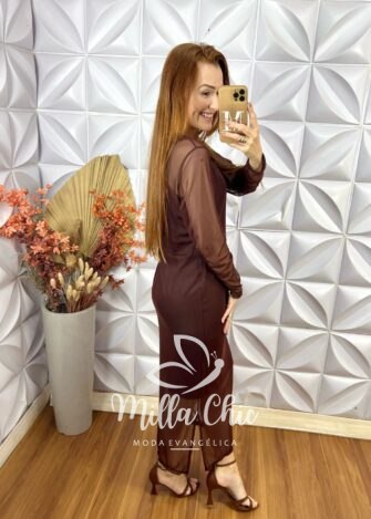 Vestido Boho Rosana Em Tule - Marrom - Milla Chic